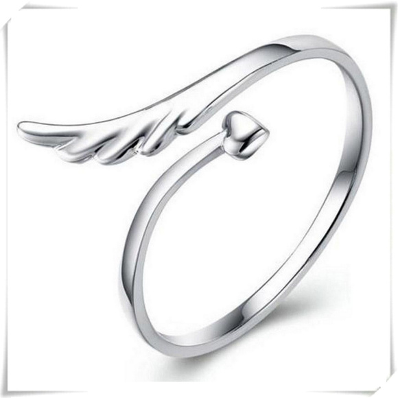 ❤️5/$15💚 Dainty Silver Tone Open Adjustable Ring with Angel Wing Heart Motif - Picture 1 of 1